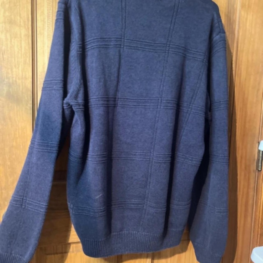 Van Heusen Vintage Textured Grid Knit Crewneck Sweater Navy Blue Cotton Large L - Picture 5 of 5